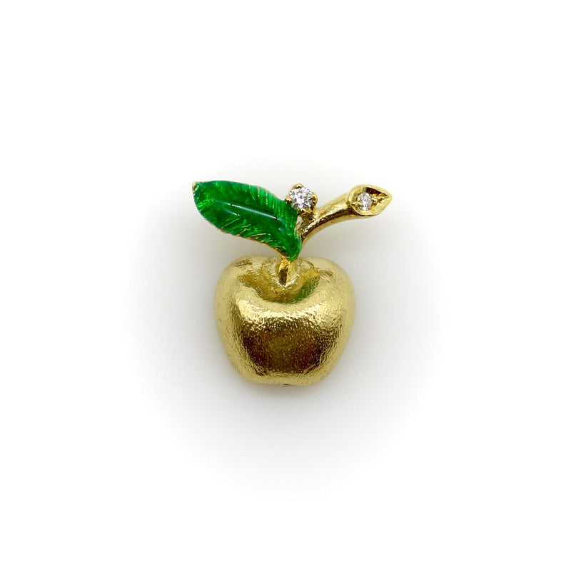 18K Gold Vintage Apple Diamond and Enamel Charm Pendant, Charm Kirsten's Corner 