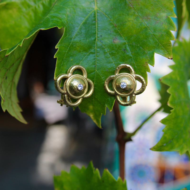 Vintage Elizabeth Locke Quatrefoil 18K Gold and Diamond Earrings Earrings Kirsten's Corner 
