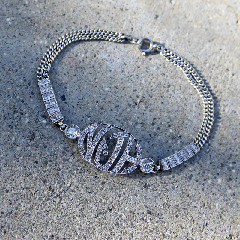 Edwardian Diamond Monogram Bracelet in 10K White Gold Bracelet Kirsten's Corner 