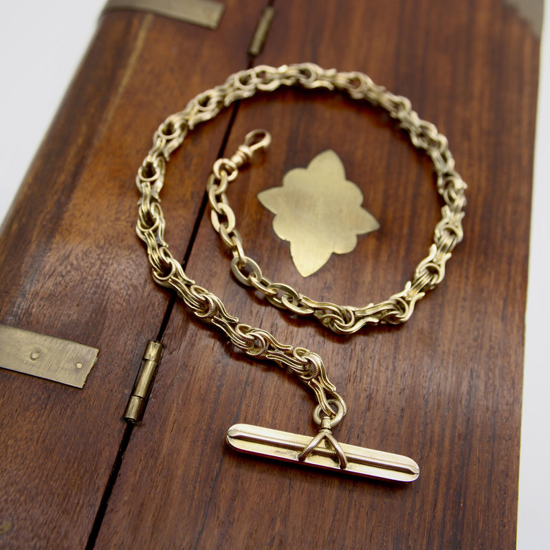Victorian 14K Gold Watch Chain with T-Bar and Dog Clip Chain Kirsten's Corner 