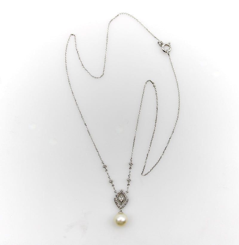 Vintage 14K White Gold Pearl Necklace with Pave Diamonds Necklace Kirsten's Corner 