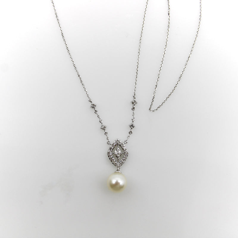 Vintage 14K White Gold Pearl Necklace with Pave Diamonds Necklace Kirsten's Corner 