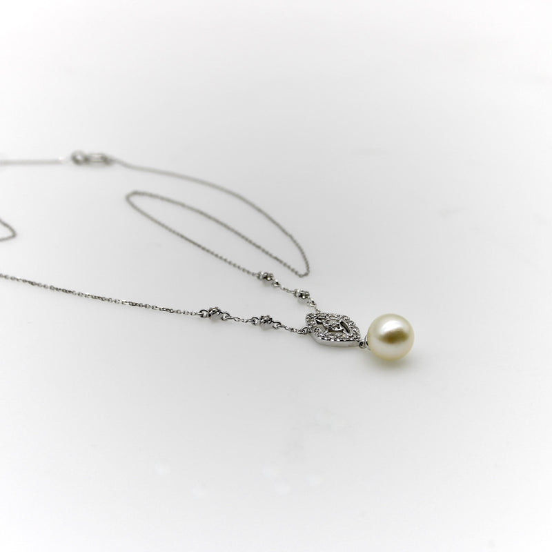 Vintage 14K White Gold Pearl Necklace with Pave Diamonds Necklace Kirsten's Corner 