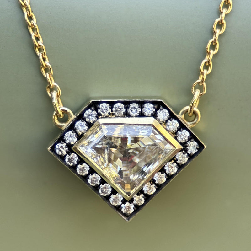 18K Gold Shield Shape Diamond Pendant with Diamond Halo Kirsten's Corner 