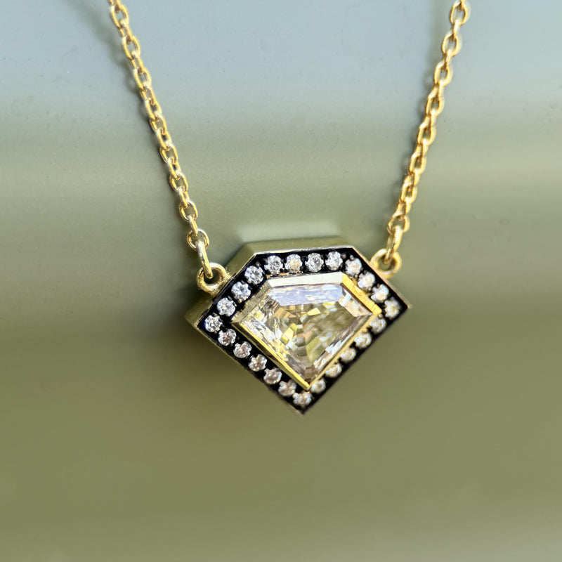 18K Gold Shield Shape Diamond Pendant with Diamond Halo Kirsten's Corner 