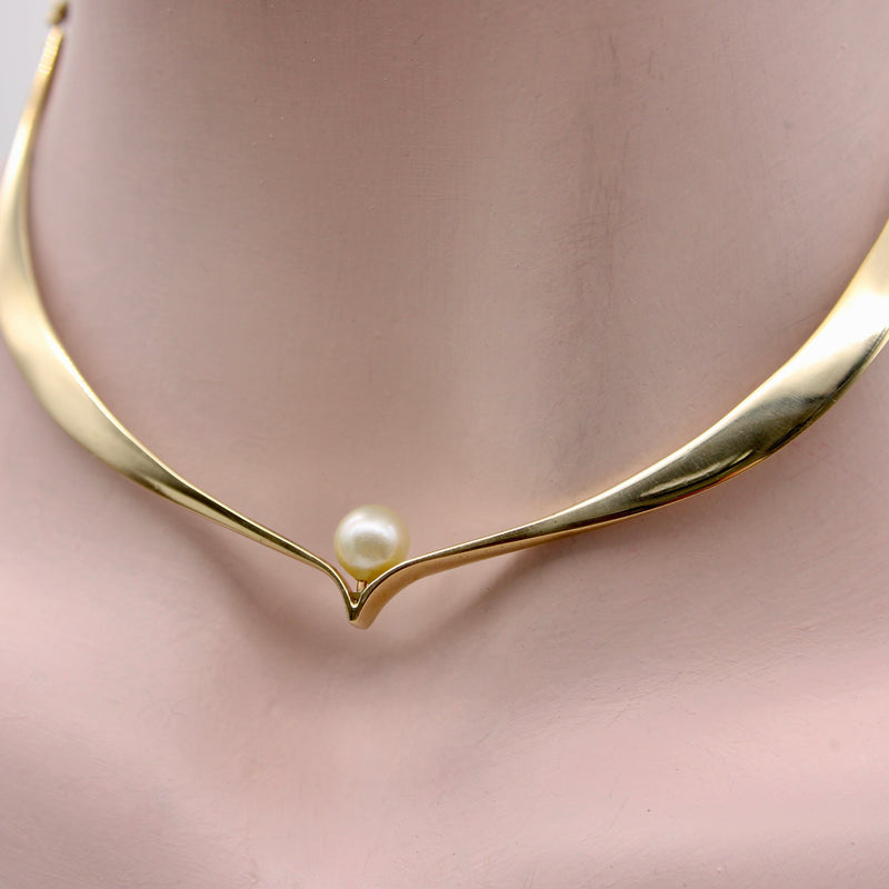 14K Gold Modernist Ed Wiener Sculptural Collar Necklace with Pearl Necklace Kirsten's Corner 