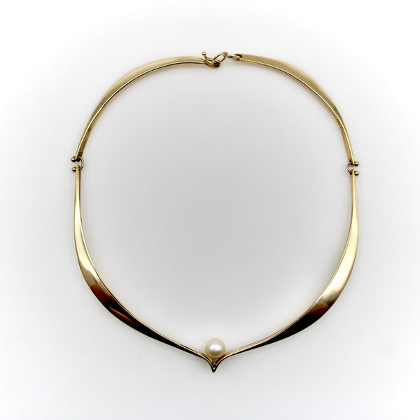 14K Gold Modernist Ed Wiener Sculptural Collar Necklace with Pearl Necklace Kirsten's Corner 