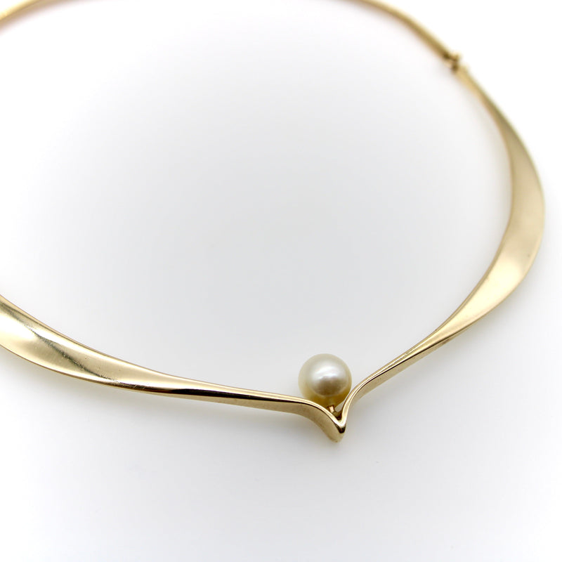 14K Gold Modernist Ed Wiener Sculptural Collar Necklace with Pearl Necklace Kirsten's Corner 