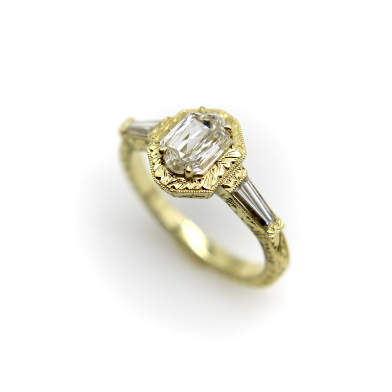 18K Gold Hexagonal Diamond Hand Engraved Ring ring Kirsten's Corner 