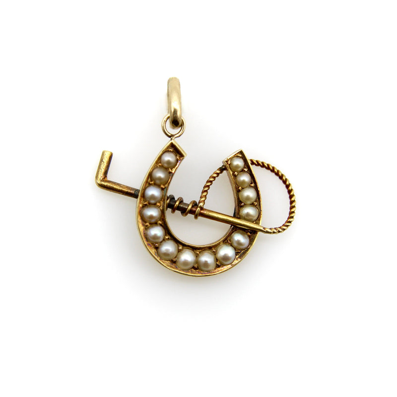 English 15K Gold Lucky Horseshoe Pendant with Pearls and Riding Crop Pendant Kirsten's Corner 