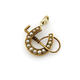 English 15K Gold Lucky Horseshoe Pendant with Pearls and Riding Crop Pendant Kirsten's Corner 