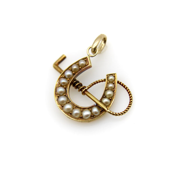 English 15K Gold Lucky Horseshoe Pendant with Pearls and Riding Crop Pendant Kirsten's Corner 