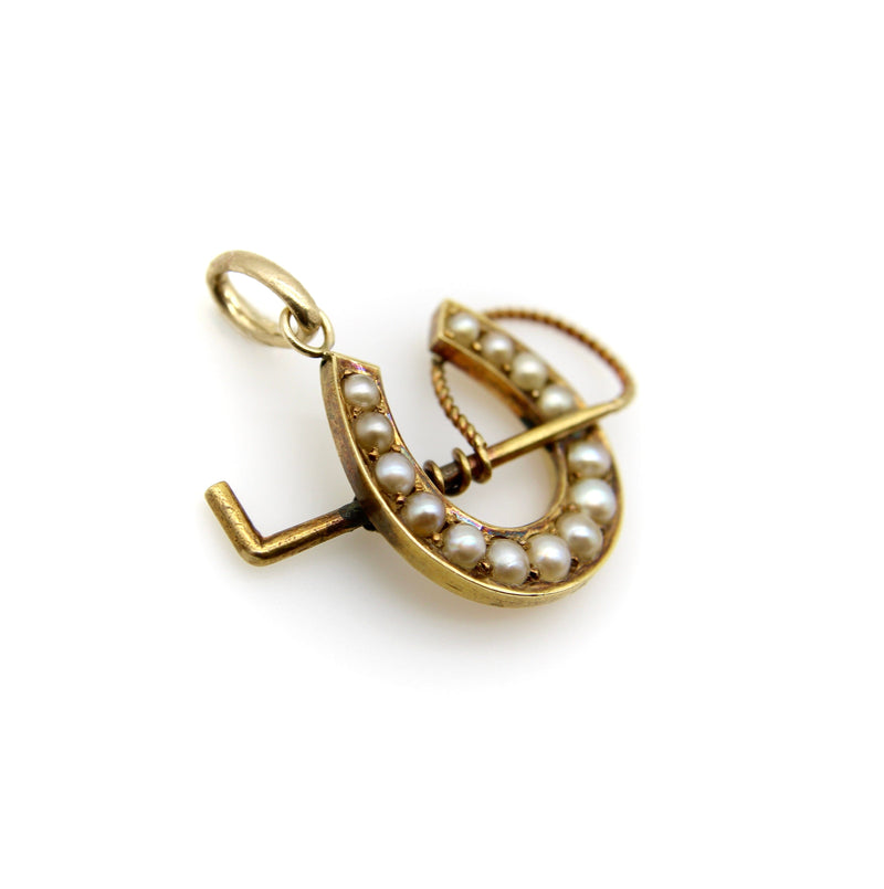 English 15K Gold Lucky Horseshoe Pendant with Pearls and Riding Crop Pendant Kirsten's Corner 