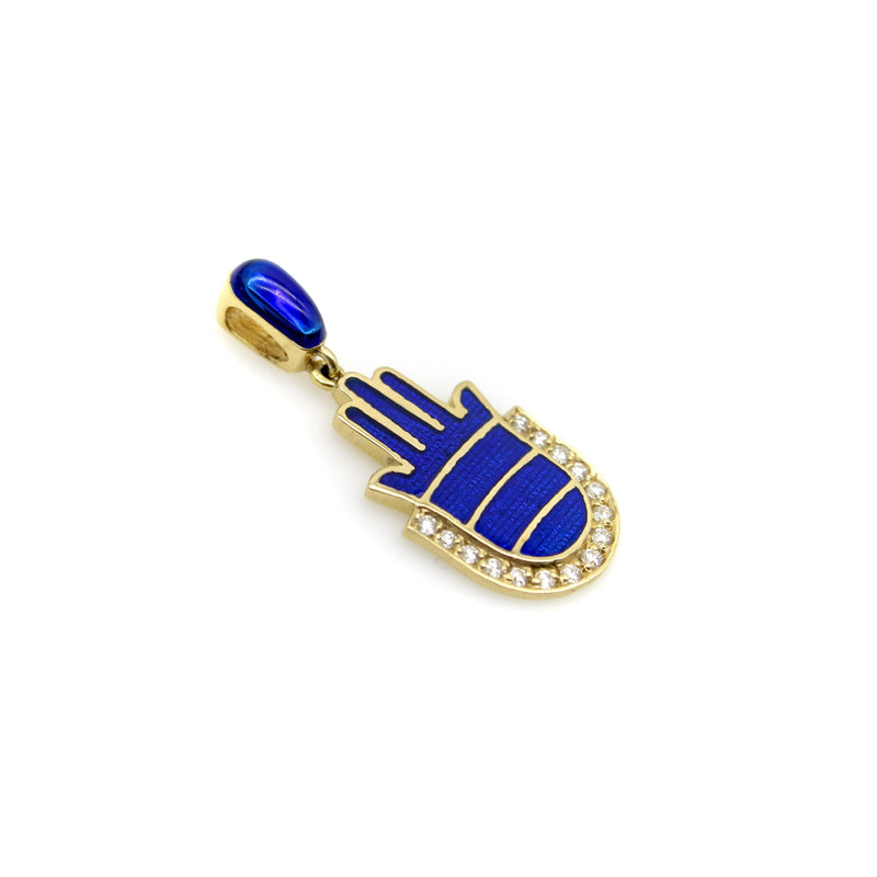 14K Gold and Blue Enamel Hamsa Pendant with Diamonds Pendant, Charm Kirsten's Corner 