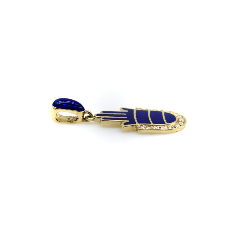 14K Gold and Blue Enamel Hamsa Pendant with Diamonds Pendant, Charm Kirsten's Corner 