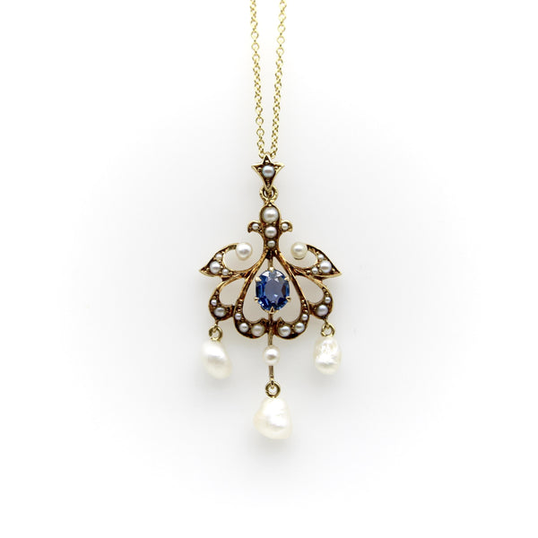 Edwardian 14K Gold Sapphire and Seed Pearl Pendant with Pearl Drops Necklace Kirsten's Corner 