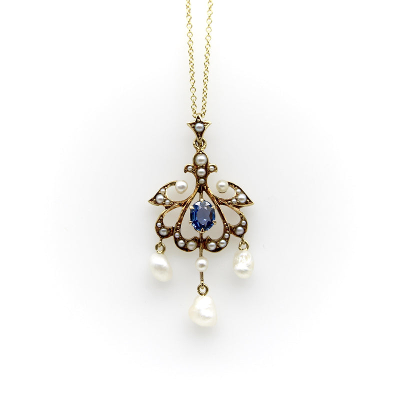 Edwardian 14K Gold Sapphire and Seed Pearl Pendant with Pearl Drops Necklace Kirsten's Corner 