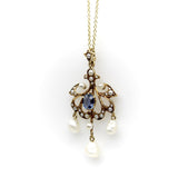 Edwardian 14K Gold Sapphire and Seed Pearl Pendant with Pearl Drops Necklace Kirsten's Corner 