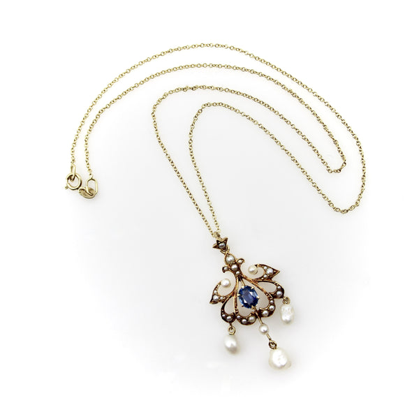 Edwardian 14K Gold Sapphire and Seed Pearl Pendant with Pearl Drops Necklace Kirsten's Corner 