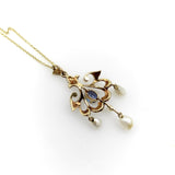 Edwardian 14K Gold Sapphire and Seed Pearl Pendant with Pearl Drops Necklace Kirsten's Corner 