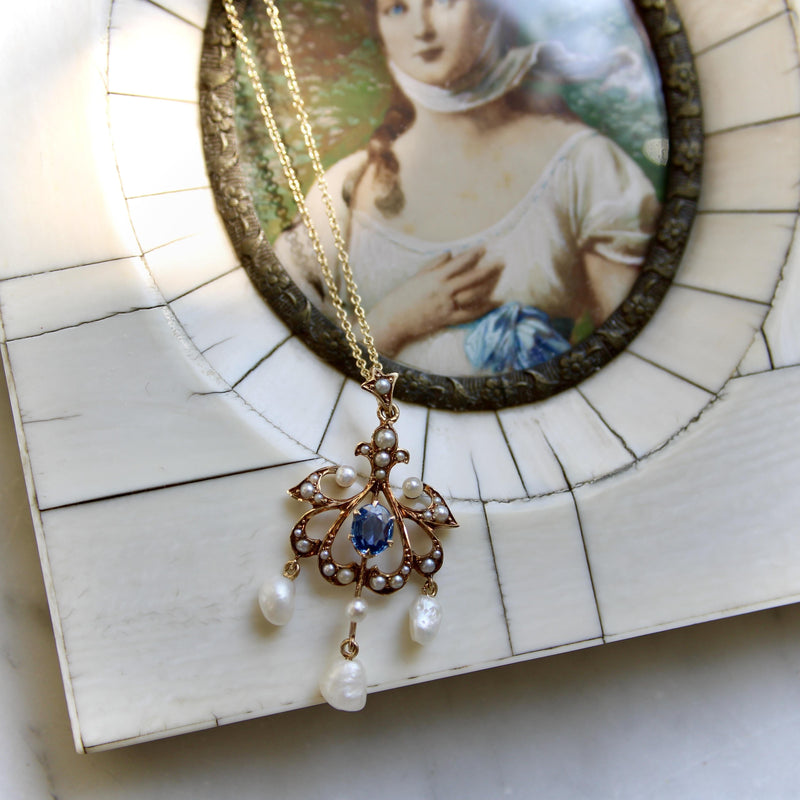 Edwardian 14K Gold Sapphire and Seed Pearl Pendant with Pearl Drops Necklace Kirsten's Corner 