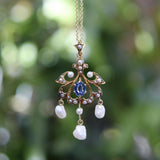 Edwardian 14K Gold Sapphire and Seed Pearl Pendant with Pearl Drops Necklace Kirsten's Corner 
