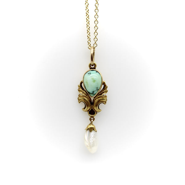 14K Gold Art Nouveau Turquoise Drop Pendant with Mississippi Pearl Necklaces, Pendants Kirsten's Corner 