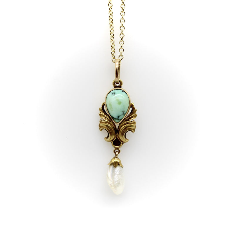 14K Gold Art Nouveau Turquoise Drop Pendant with Mississippi Pearl Necklaces, Pendants Kirsten's Corner 