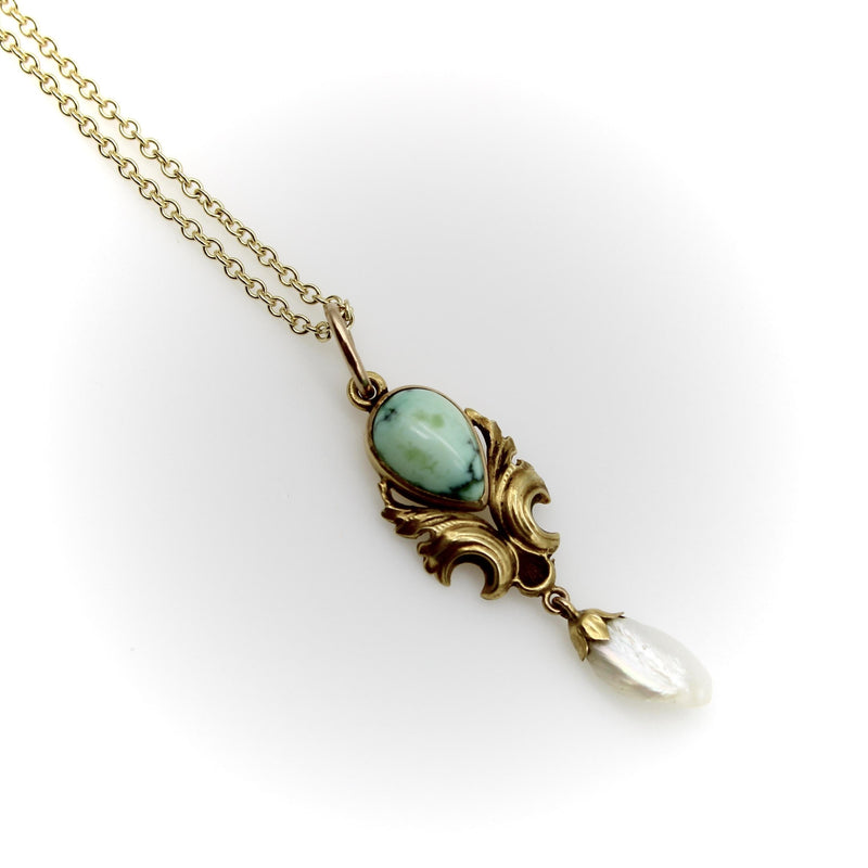 14K Gold Art Nouveau Turquoise Drop Pendant with Mississippi Pearl Necklaces, Pendants Kirsten's Corner 