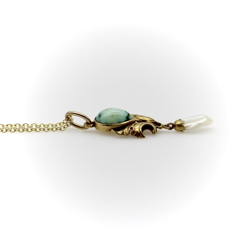 14K Gold Art Nouveau Turquoise Drop Pendant with Mississippi Pearl Necklaces, Pendants Kirsten's Corner 