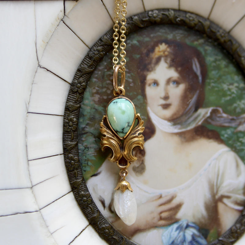 14K Gold Art Nouveau Turquoise Drop Pendant with Mississippi Pearl Necklaces, Pendants Kirsten's Corner 