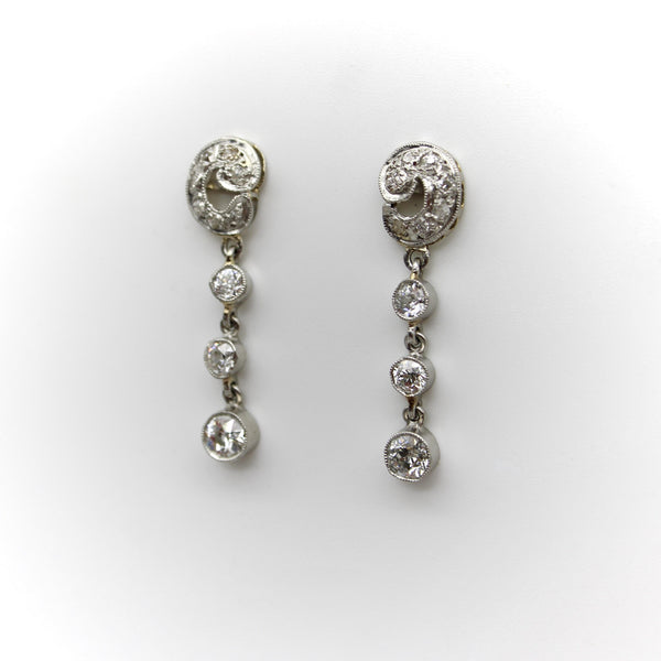 Edwardian Platinum and Old European Cut Diamond Dangle Earrings Kirsten's Corner 