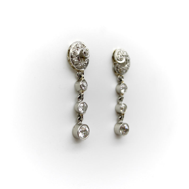 Edwardian Platinum and Old European Cut Diamond Dangle Earrings Kirsten's Corner 