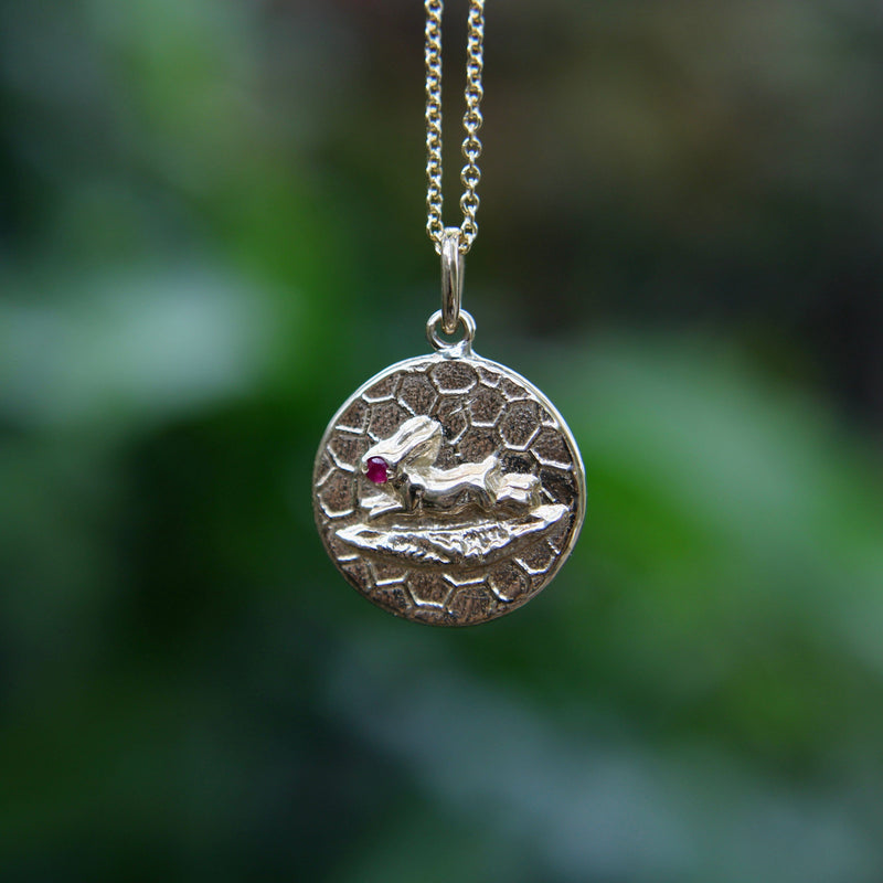 14K Gold Victorian Inspired Signature Running Rabbit Pendant-Charm with Ruby Eye Pendant, Charm Kirsten's Corner Jewelry 