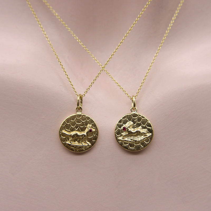 14K Gold Victorian Inspired Signature Running Rabbit Pendant-Charm with Ruby Eye Pendant, Charm Kirsten's Corner Jewelry 