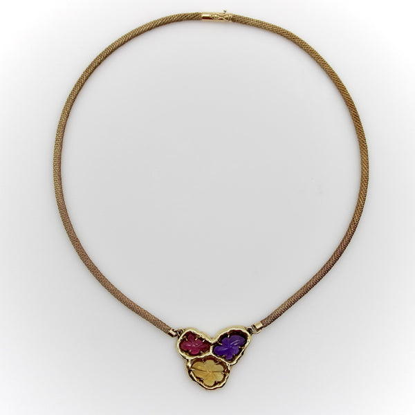 Vintage 14K Gold Organic Carved Amethyst, Citrine, and Tourmaline Necklace Kirsten's Corner 