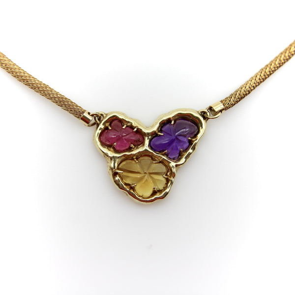 Vintage 14K Gold Organic Carved Amethyst, Citrine, and Tourmaline Necklace Kirsten's Corner 