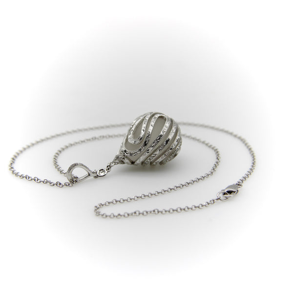 18K White Gold Diamond Drop Rock Crystal Necklace w/ Hand Engraved Cage Setting Kirsten's Corner 