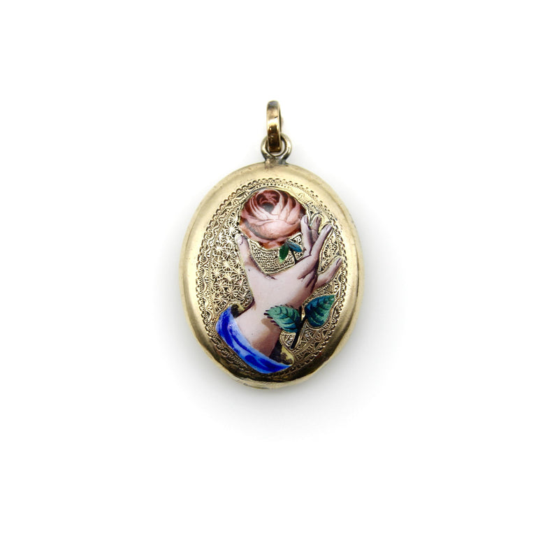 Victorian 18K Gold Hand-Painted Enamel Hand with Rose Locket locket Kirsten's Corner 