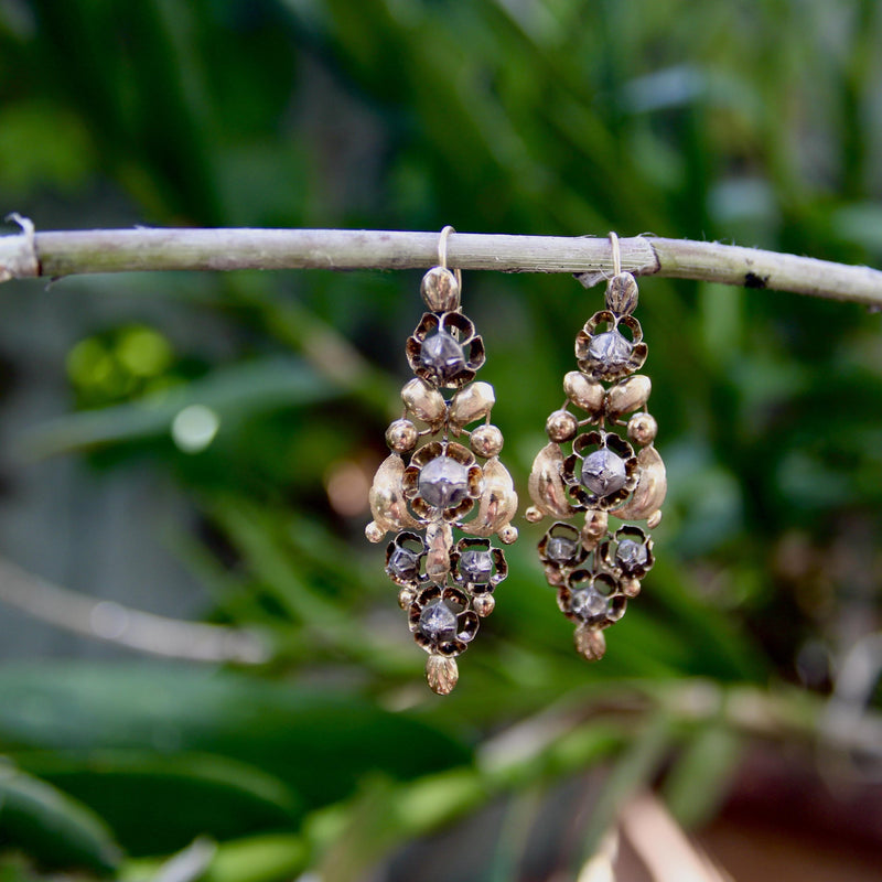 Victorian Spanish 18K Gold and Silver Diamond Earrings Kirsten's Corner 