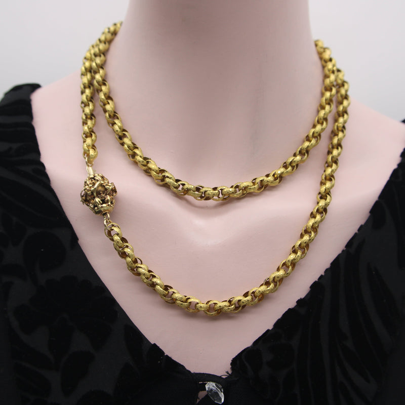 14K Gold Georgian Muff Chain with Flowered Barrel Clasp Necklace Kirsten's Corner 