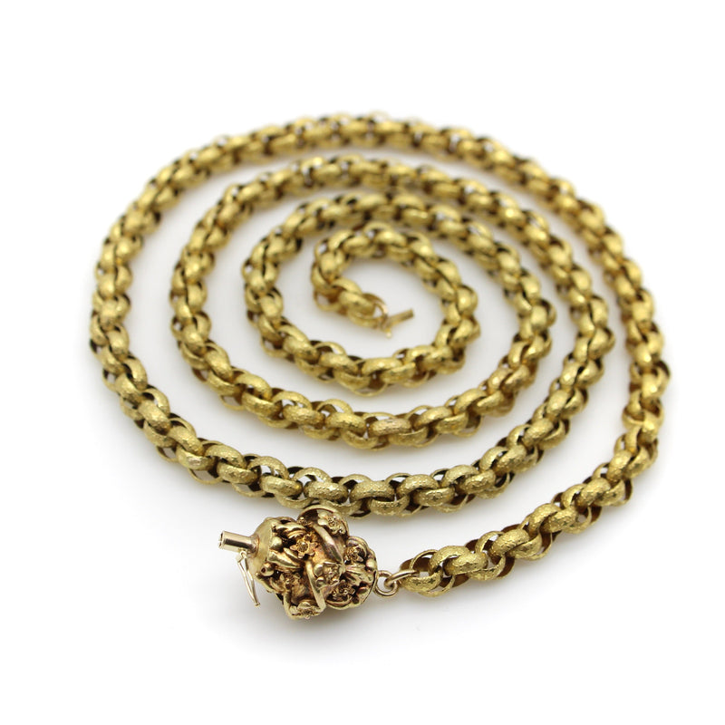 14K Gold Georgian Muff Chain with Flowered Barrel Clasp Necklace Kirsten's Corner 