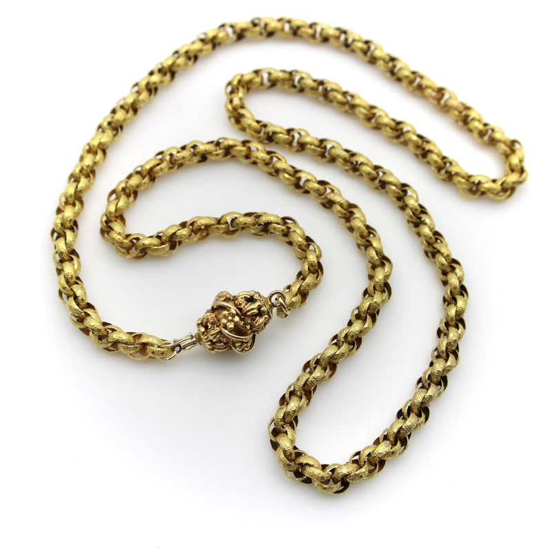 14K Gold Georgian Muff Chain with Flowered Barrel Clasp Necklace Kirsten's Corner 