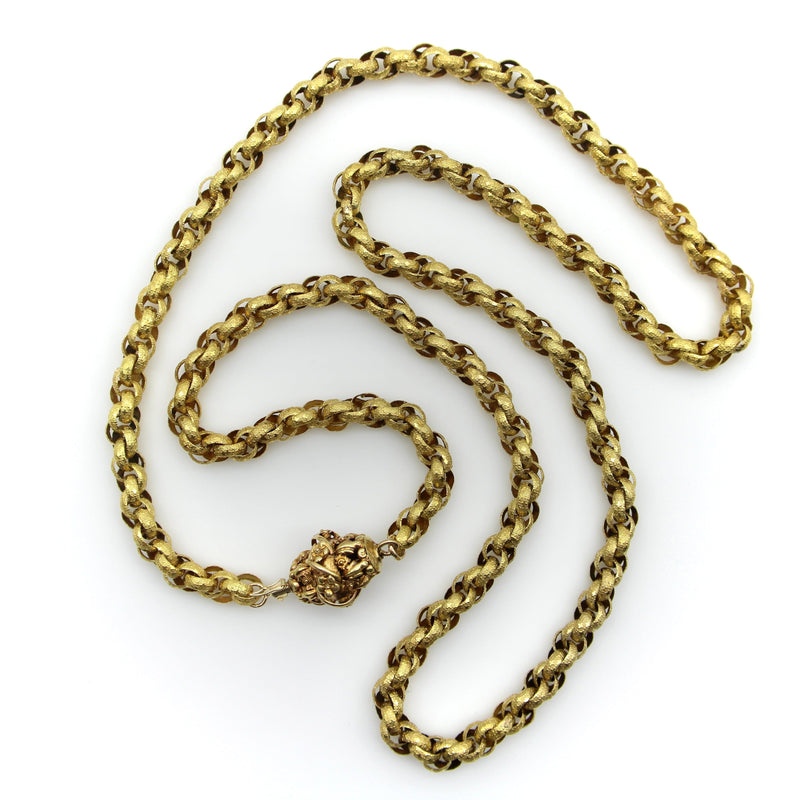 14K Gold Georgian Muff Chain with Flowered Barrel Clasp Necklace Kirsten's Corner 