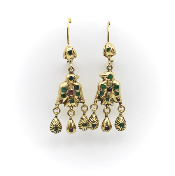 18K Gold Iberian Bird Emerald and Ruby Earrings Kirsten's Corner 