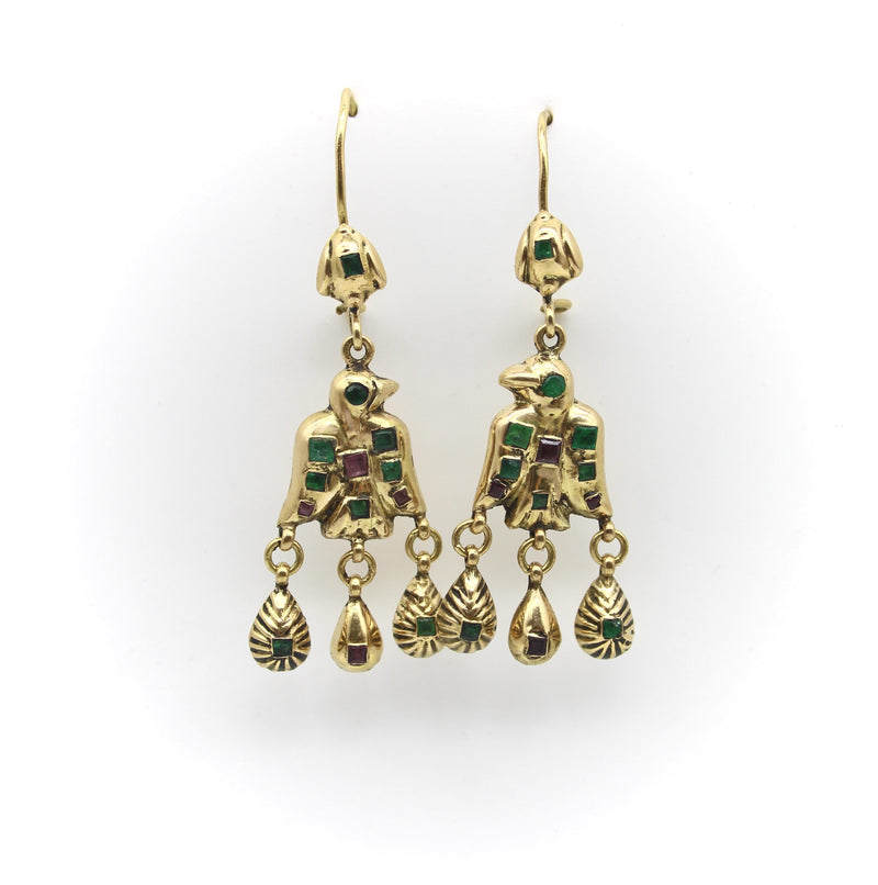 18K Gold Iberian Bird Emerald and Ruby Earrings Kirsten's Corner 