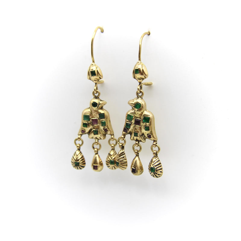 18K Gold Iberian Bird Emerald and Ruby Earrings Kirsten's Corner 