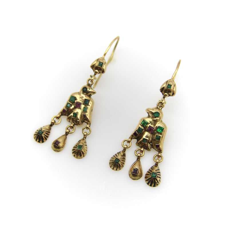 18K Gold Iberian Bird Emerald and Ruby Earrings Kirsten's Corner 