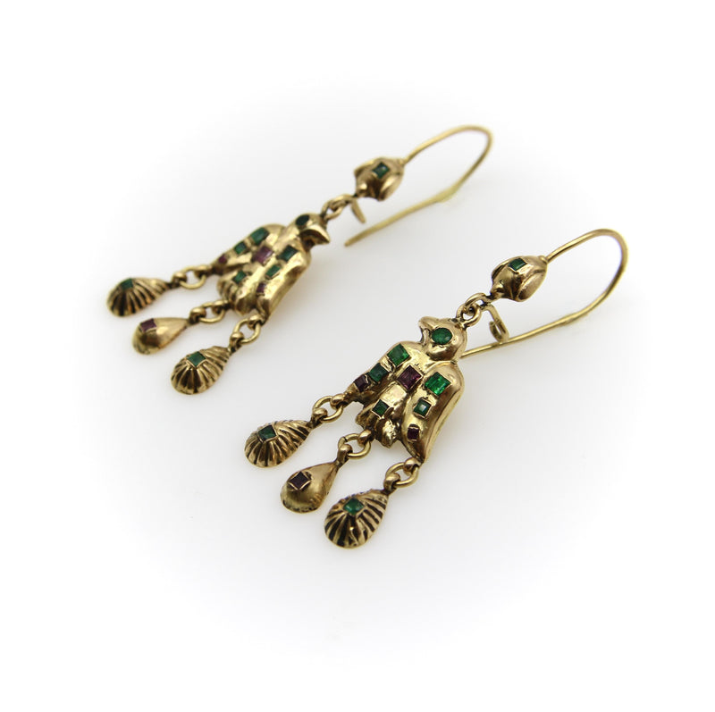 18K Gold Iberian Bird Emerald and Ruby Earrings Kirsten's Corner 