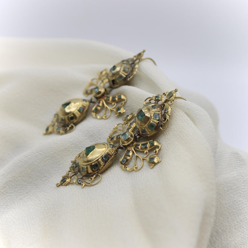 Georgian Iberian 18K Gold Pendeloque Emerald Earrings Kirsten's Corner 